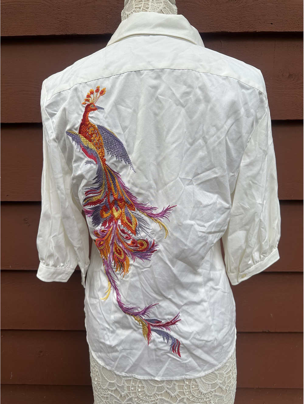 Lauren Ralph Lauren White Cotton Blouse with Vibrant Peacock Embroidery Boho Y2K